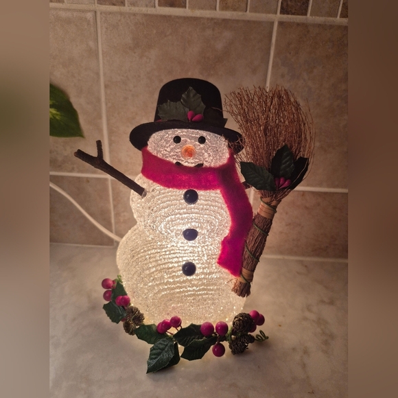 Other - Light-Up Acrylic Snowman with Straw Broom and Black Top Hat, Vintage 1990s
